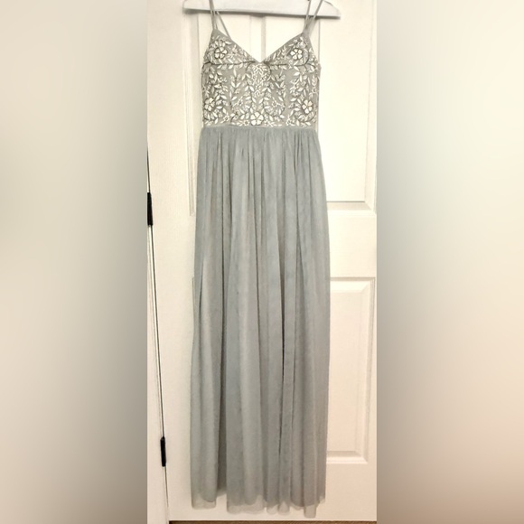 Elegant BHLDN Silver Maxi Dress with Beaded Lace Bodice Elegant BHLDN Silver Maxi Dress with Beaded Lace Bodice